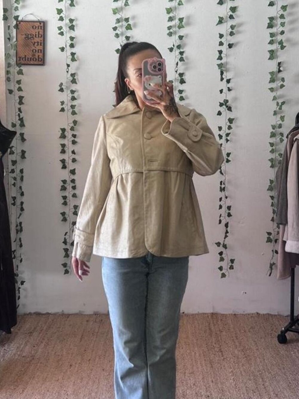 Bernardo beige genuine leather peacoat with peplum hem size PM